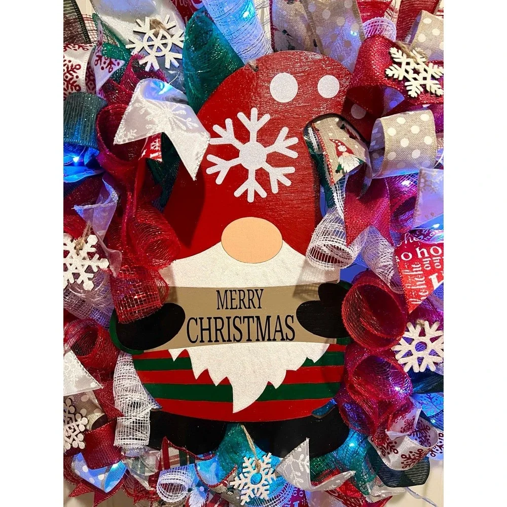 Christmas Snowflake Gnome Holiday Ribbon Door Wreath Handmade 22 ins LED W9